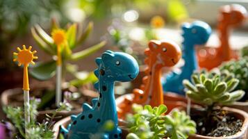 A set of watering spikes in fun animal shapes perfect for adding water to potted plants photo