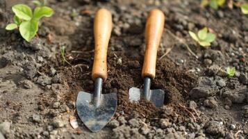 A childsized hoe and trowel set perfect for digging up dirt and planting seeds photo