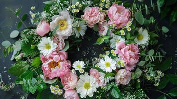 A springinspired wreath with pink peonies white daisies and greenery photo