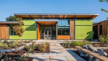 A vibrant green community center built with sustainable materials such as reclaimed wood and natural stones photo