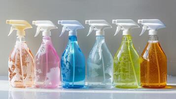 A row of recycled plastic spray bottles each labeled with a different ecofriendly cleaning solution photo
