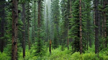 A dense evergreen forest with its towering trees providing a safe haven for bears wolves and other forestdwelling animals photo