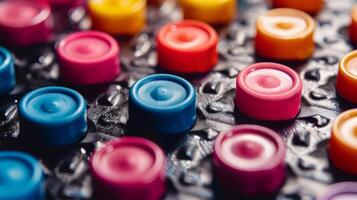 A closeup shot of a retroinspired embossed control panel featuring a colorful array of raised buttons and s in a symmetrical pattern photo