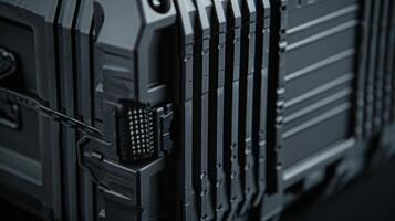 A detailed capture of the vertical ridges and horizontal grooves on the side of the battery pack providing a secure grip and preventing slippage photo