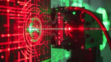 The intricate pattern of bright red and green laser beams emitting from a lidar sensor creating a dynamic and reflective display photo