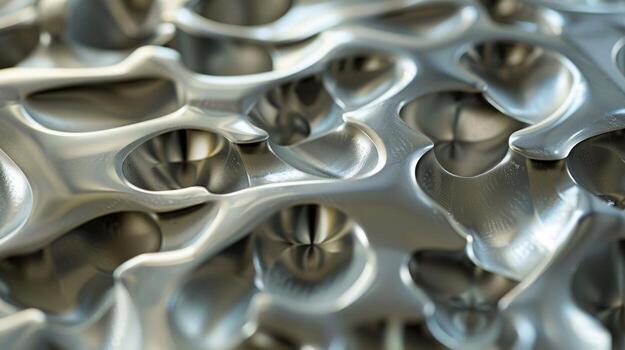 A detailed shot of a polished metal sheet revealing a unique and intricate pattern of small interconnected shapes and lines creating a sense of unity and harmony within the material photo