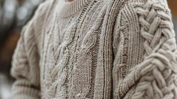 A closer look at the cable knit details of this gentle wool sweater emphasizing the intricacy and craftsmanship of the design photo
