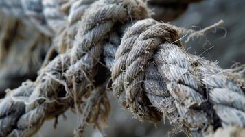 Detailed shot of a frayed section of a rope displaying the unraveling and messy textures photo