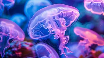 A stunning closeup of a luminous jellyfishs glowing umbrella with its ethereal illumination creating a dreamlike atmosphere photo
