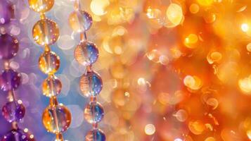 un de cerca de un vaso talón revela un degradado de colores rango desde vibrante naranjas y amarillos a profundo morados y blues. cada talón capturas el ligero en sus propio camino resultante en foto