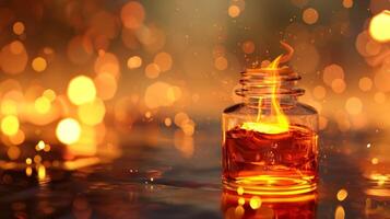 A pulsating liquid fire glows within a small delicate vial emitting a warm and enchanting ambiance photo