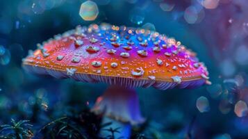 A closeup of an otherworldly mushroom its cap covered in a fine layer of glitter that catches and reflects the light in a thousand different directions photo