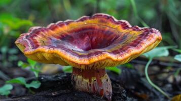A single mushroom with a gradient of colors starting with a deep maroon cap and fading to a glowing amber stem photo