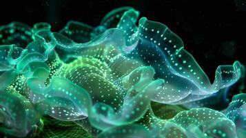 The closeup of a bioluminescent plankton reveals intricate patterns in fluorescent green creating an otherworldly glow in the water photo