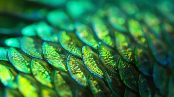 The textured ridges of a fish scale shimmer with a vibrant green glow as if lit from within photo