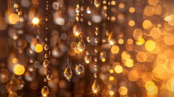 A closeup of sparkling droplets hanging from small LED lights resembling a miniature waterfall with a celestial shimmer photo
