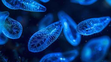 A detailed image of bioluminescent plankton captures their translucent bodies revealing internal blue lights that illuminate the surrounding water photo