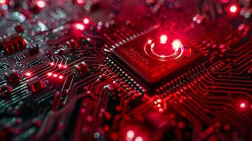 A mesmerizing closeup of a pulsating red LED light on a circuit board illuminating the surrounding components photo