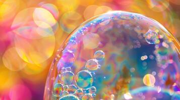 A closeup of one bubble reveals a kaleidoscope of colors within its thin surface creating a miniature world of beauty and wonder photo