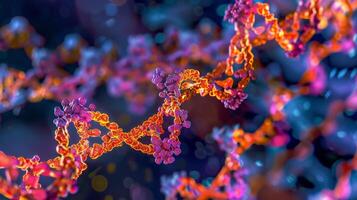 Enhanced image of DNA strands undergoing transcription with RNA polymerases binding to the separated DNA strands photo