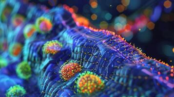 A closeup image of the cell membrane of a hepatocyte illustrated by fluorescent probes displaying the selective permeability that allows for toxin removal from the stream photo
