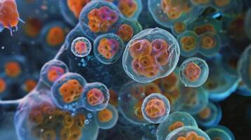 A microscopic closeup of stem cells differentiating into liver cells for detoxification and metabolism photo