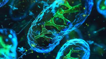 A fluorescent microscopy image of cells with the DNA stained in bright green and the tail in blue photo