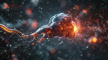 Magnified view of a neuron receiving a burst of neurotransmitters from a synapse photo
