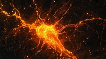 A microscopic view of a myelinated axon firing an electrical signal with bright bursts of light photo