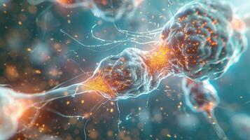 A closeup of a synapse with tiny spherical vesicles bursting open to release neurotransmitters photo