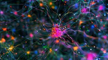 A network of neurons with brightly colored vesicles highlighting their role in transmitting signals photo