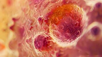 The closeup view of a lysosome in the process of fusing with a vacuole bringing in external waste for digestion photo
