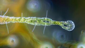 A microorganism with a single long flagellum protruding from its body constantly rotating to help it navigate through its environment photo