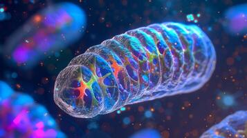 Zoomedin view of a mitochondria cell with its DNA strands appearing as brightly colored lines representing the encoding of genetic information photo