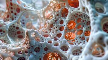 A closeup of the bone marrow architecture showcasing the intricate network of supporting cells and extracellular matrix that aid in erythropoiesis photo