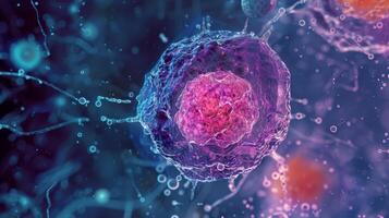 A closeup of a single hematopoietic stem cell showing granular cytoplasm and a large nucleus photo