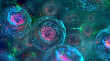 A zoomedin view of a single hematopoietic stem cell showing the characteristic stemness markers on its surface photo