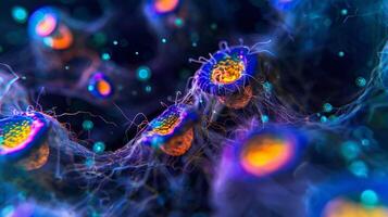 An immunofluorescence image of apoptotic cells in a cell culture labeled with fluorescent markers to highlight the activation of caspase enzymes photo