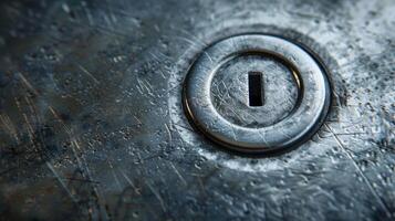 A closeup of a power button showcasing a brushed metal texture with faint scratches and marks photo