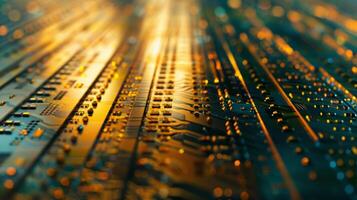 A closeup of a microchip reveals a polished and seamless surface accented with intricate and parallel grooves photo