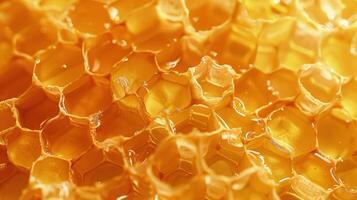 A macro shot of honeycomb the hexagonal cells b with thick heavy honey almost overflowing and tempting the senses with its natural sweetness photo