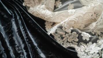 Soft and supple velvet fabric combined with delicate lace creating a contrast in textures photo
