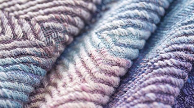 Strands of brushed wool overlap in a diagonal pattern giving the fabric a unique and eyecatching texture. Shades of pale blue and lavender add a delicate touch to the overall composition photo