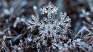 A macro photograph of a single snowflake its shimmering surface resembling a miniature snowcovered landscape photo