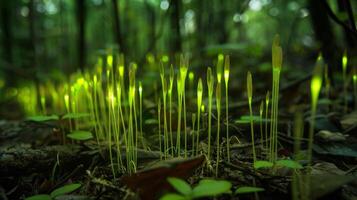 Fuzzy fluorescent stalks emerging from the forest floor creating a dreamy atmosphere under the canopy photo