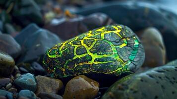 The rough surface of a pebble is covered in a mesmerizing pattern of green and yellow phosphorescent stripes reminiscent of a colorful ss scales photo