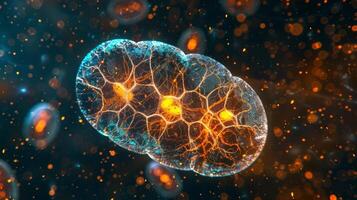 A fluorescent microscopy image of mitochondria within a cell clearly showing their distribution and concentration throughout the cell photo