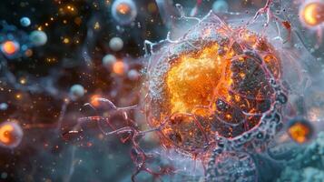 A detailed view of a cell in telophase with the chromosomes decondensing and the nucleolus reappearing in the newly formed nuclei photo