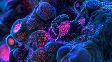 A fluorescence microscopy image of liver cells marked with fluorescent stains to visualize the process of detoxification and identify the specific toxins being removed photo