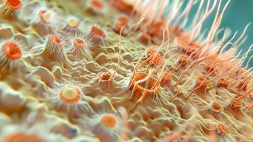 A detailed view of the sebaceous gland a small of cells within the hair follicle that produce sebum an oily substance that helps to keep hair lubricated and healthy photo
